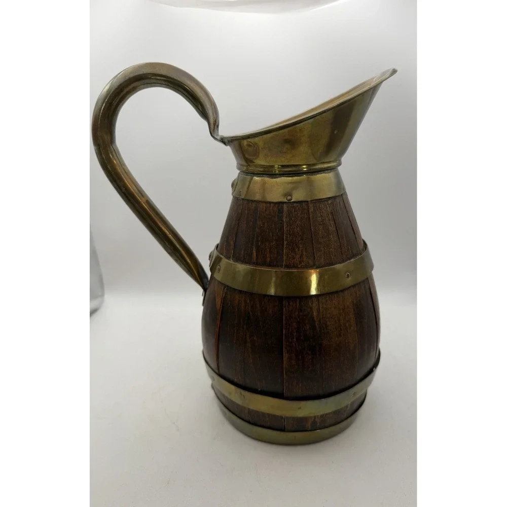 Antique French Style Coopered Wood Stave Barrel Pitcher Brass Wine Cider Jug 10